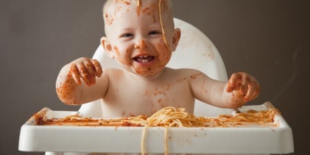 Baby covered in spaghetti Best High Chair