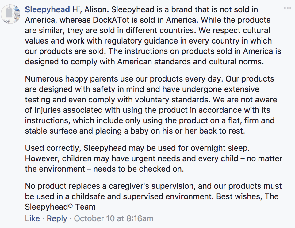 screenshot of Sleepyhead response to UK moms concern. UK Mom Blasts DockATot (Sleepyhead) Dangerous Advice