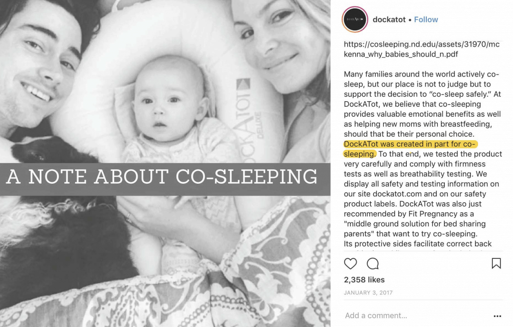 DockATot Review: Not Recommended Annotated note from Instagram post on co-sleeping