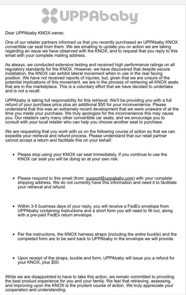 UPPAbaby Knox letter sent to consumers