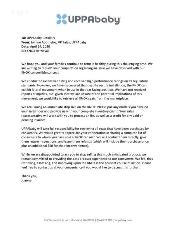 UPPAbaby knox recall letter to retailers to stop sale